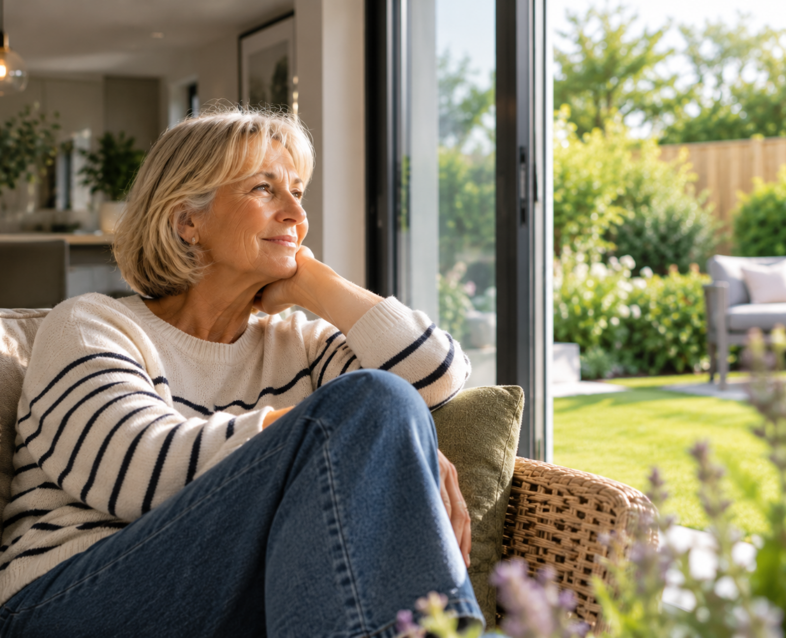 Woman in her 60s relaxing beside open garden doors, smiling as she looks out over her new garden.