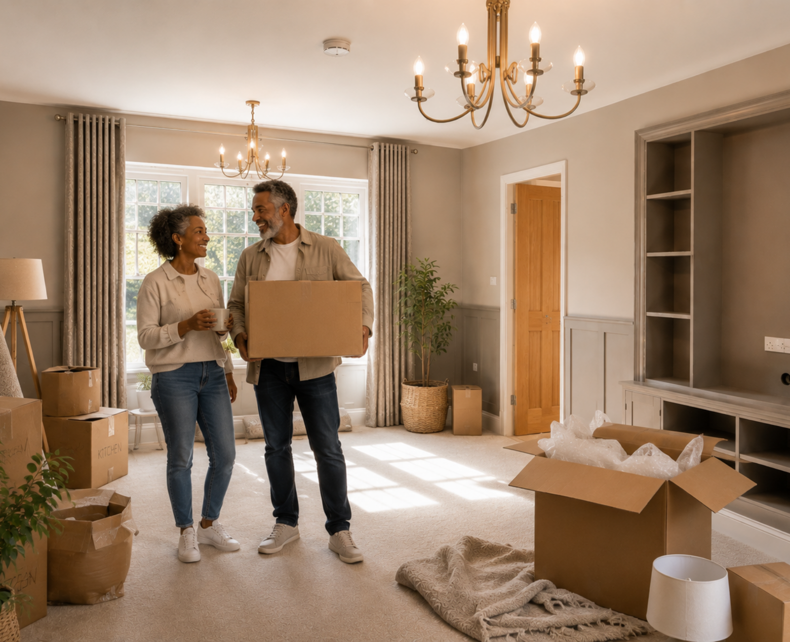 A smiling couple in their 50s unpacking boxes together in their bright new living room on moving day.
