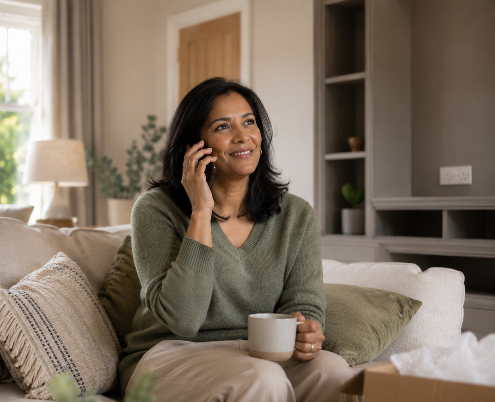 A woman smiles with relief while speaking on the phone, sitting among moving boxes in her bright new living room.