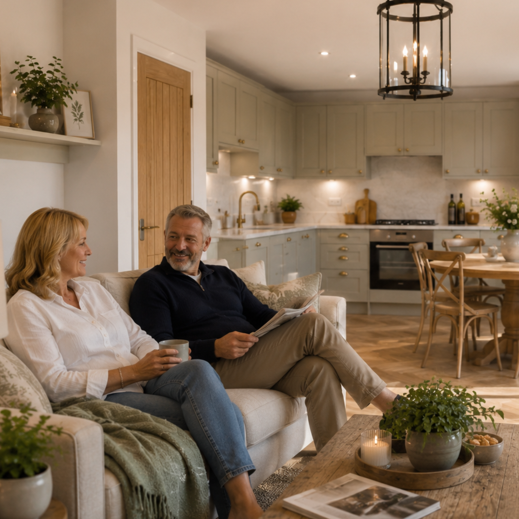 Bright open-plan Owl Homes bungalow with a modern kitchen, dining area and living room, as a couple in their 50s enjoy a relaxed morning at home.