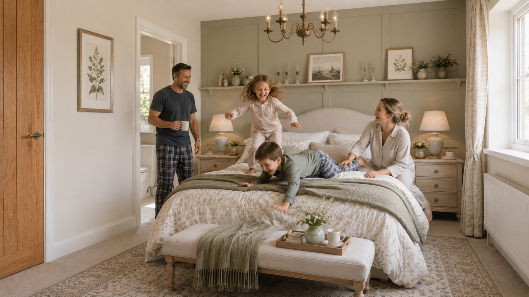 A family having fun and jumping around a contemporary bedroom.
