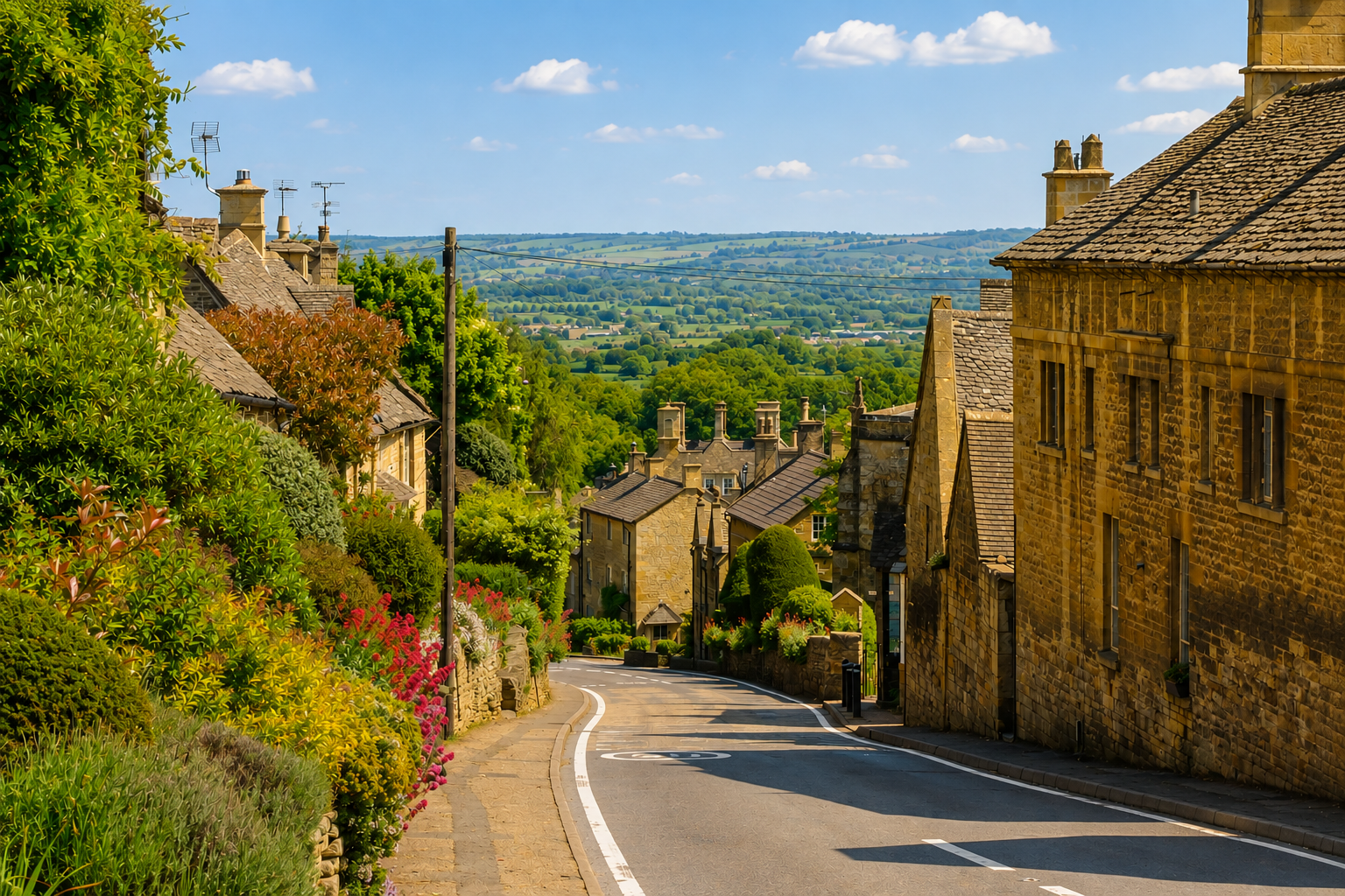 Sunlit Cotswold village street lined with honey-coloured stone cottages and gardens, overlooking the rolling Gloucestershire countryside.