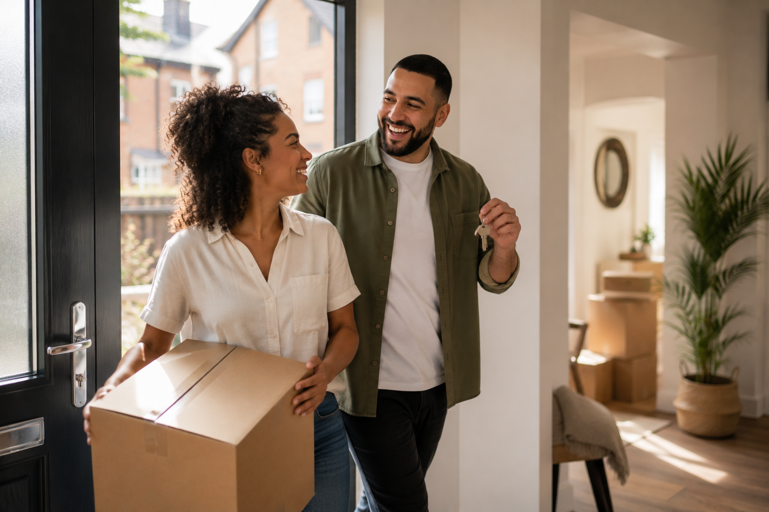Smiling couple carrying a moving box and holding their new house keys as they step into their new home.